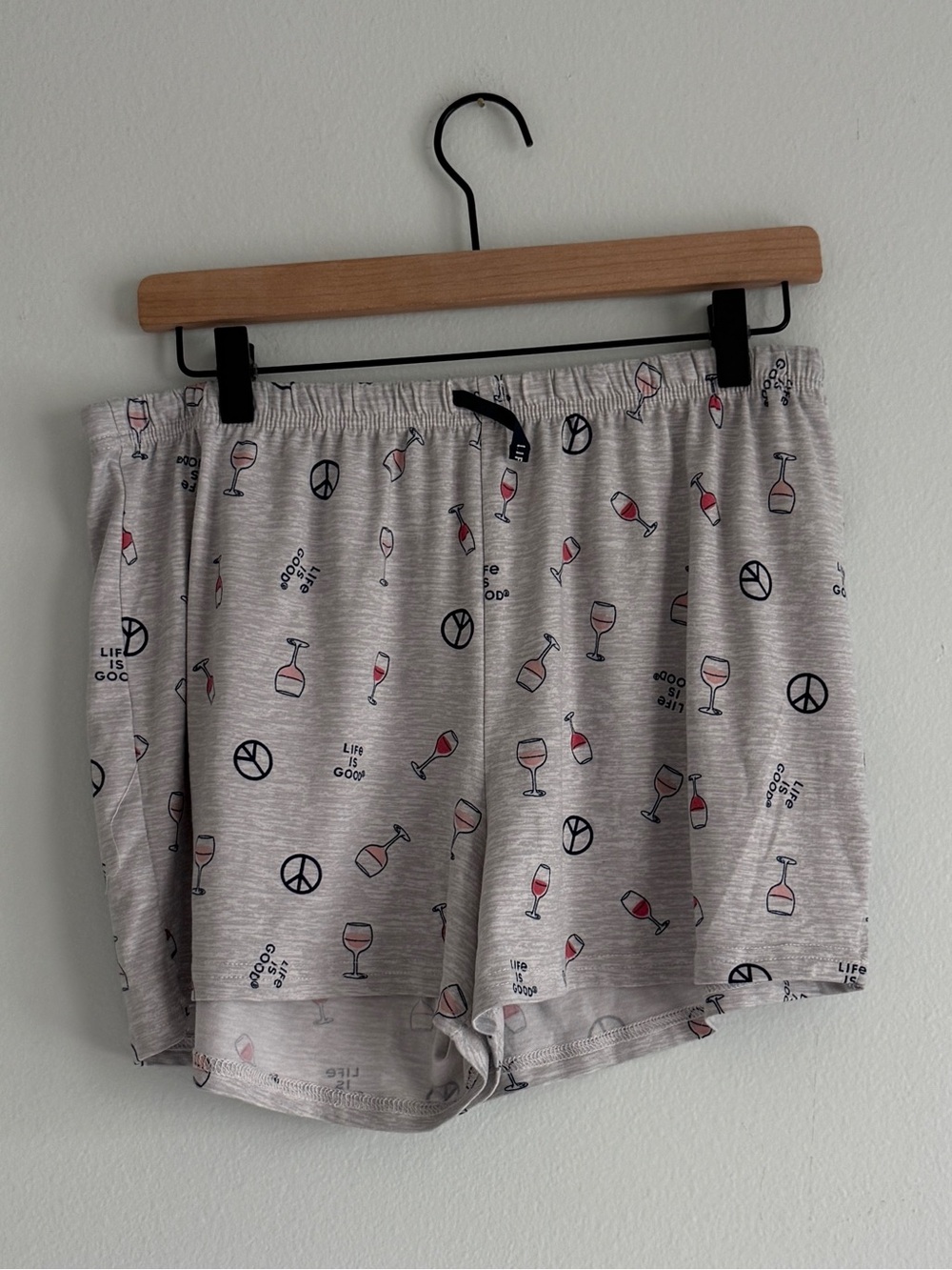 Life is Good Women’s Gray Lounge Shorts with Wine Glass Print (never worn)